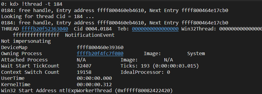 WinDbg !thread command